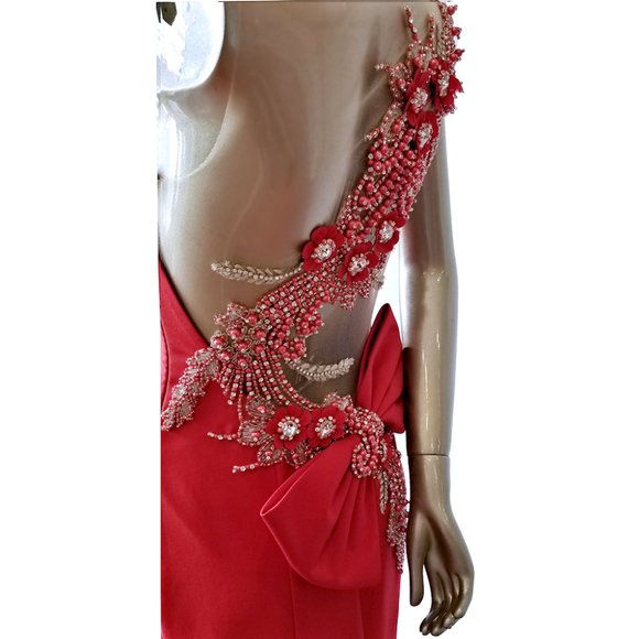 Vintage TATIK EDIZ Red Beaded Floral Detailed Evening Gown - Picture 9 of 11